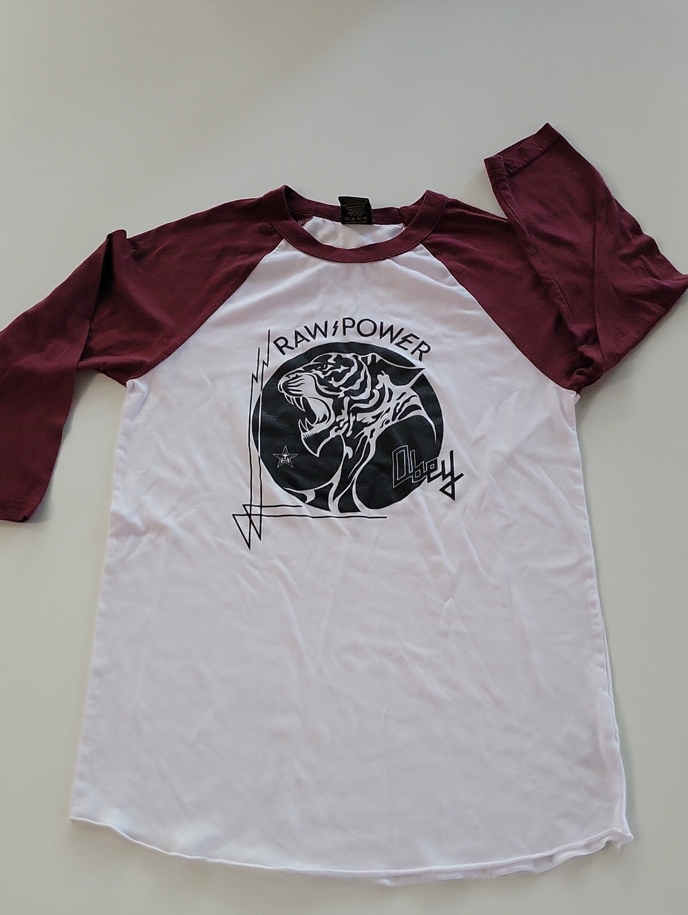 Obey Maroon and White Raglan Tee with Tiger Graphic